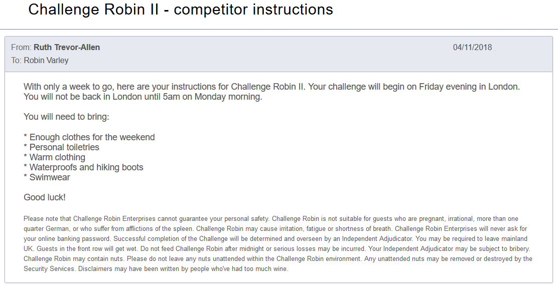 Full image of Ruth's email inviting Robin to Challenge Robin II