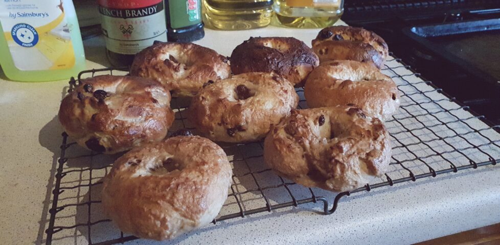 Cooling rack full of rustic bagels.