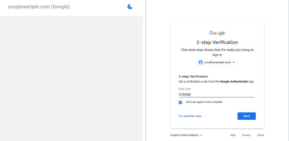 Two factor authentication using Google Authenticator (TOTP) to log in to a Google Account