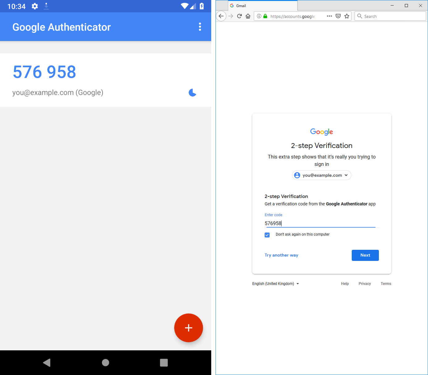 Full image of Two factor authentication using Google Authenticator (TOTP) to log in to a Google Account