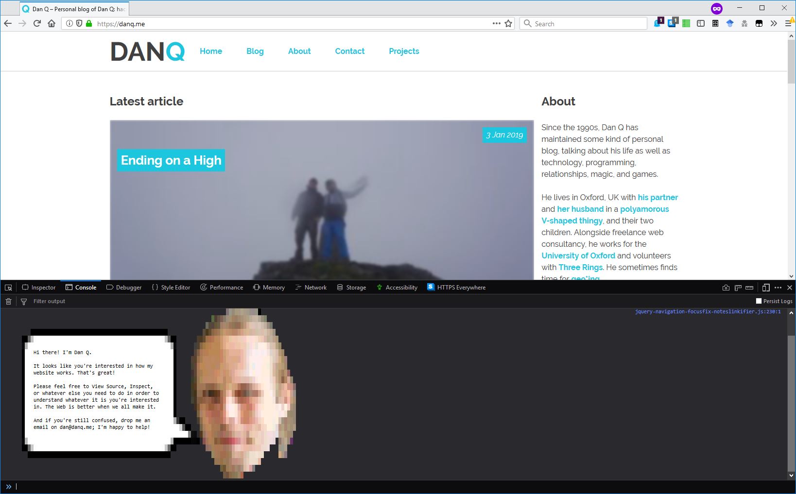 Full image of Debug console on DanQ.me showing Dan's head and a speech bubble.