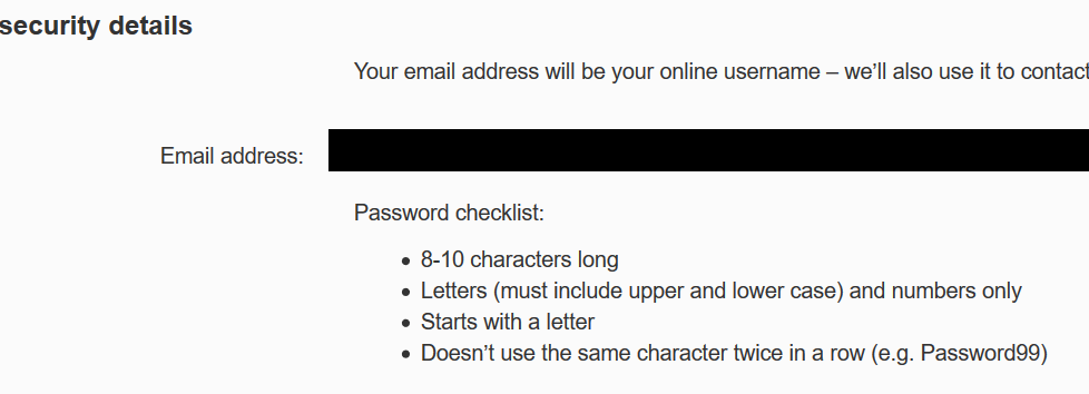 Virgin Media password form, requiring 8-10 characters