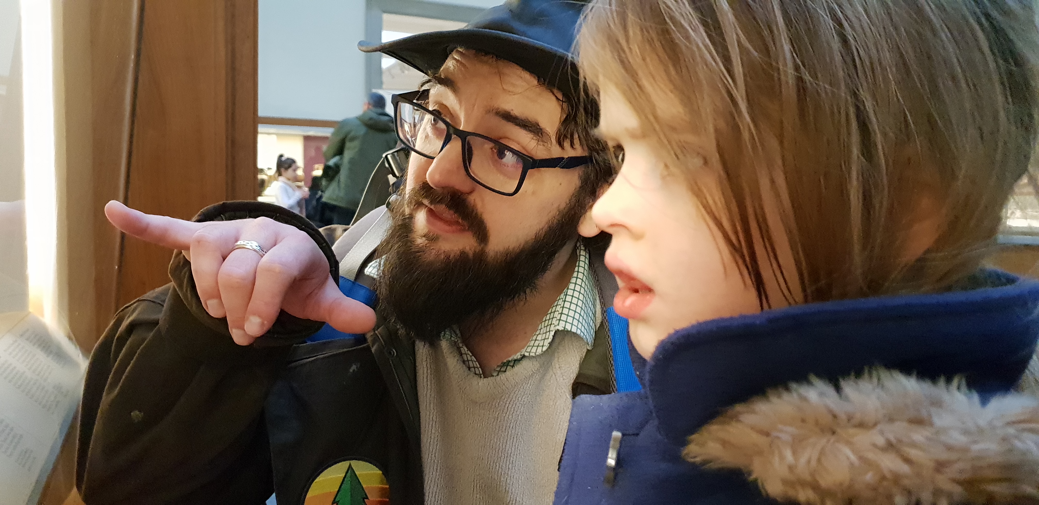Full image of JTA and Annabel looking into a cabinet at the British Museum.