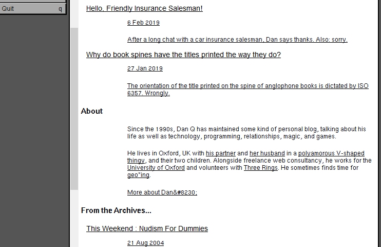 DanQ.me as displayed by the reimagined WorldWideWeb browser circa 1990