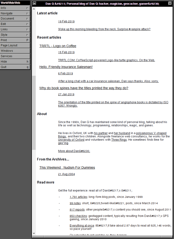 DanQ.me as displayed by the reimagined WorldWideWeb browser circa 1990