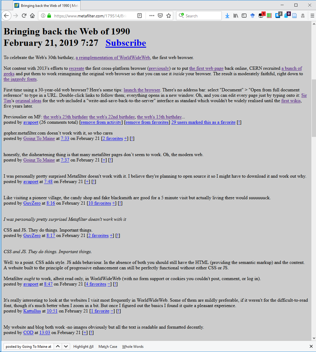 Full image of MetaFilter in Firefox (with CSS and JS disabled)