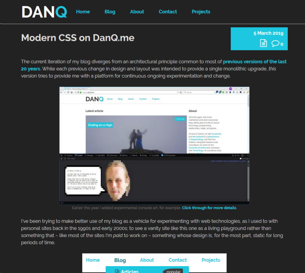 DanQ.me in dark mode.