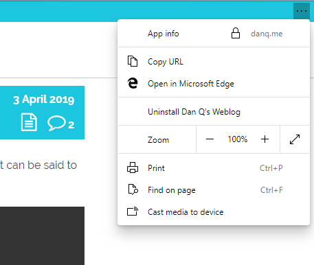 An Edge PWA showing its "Copy URL" feature.