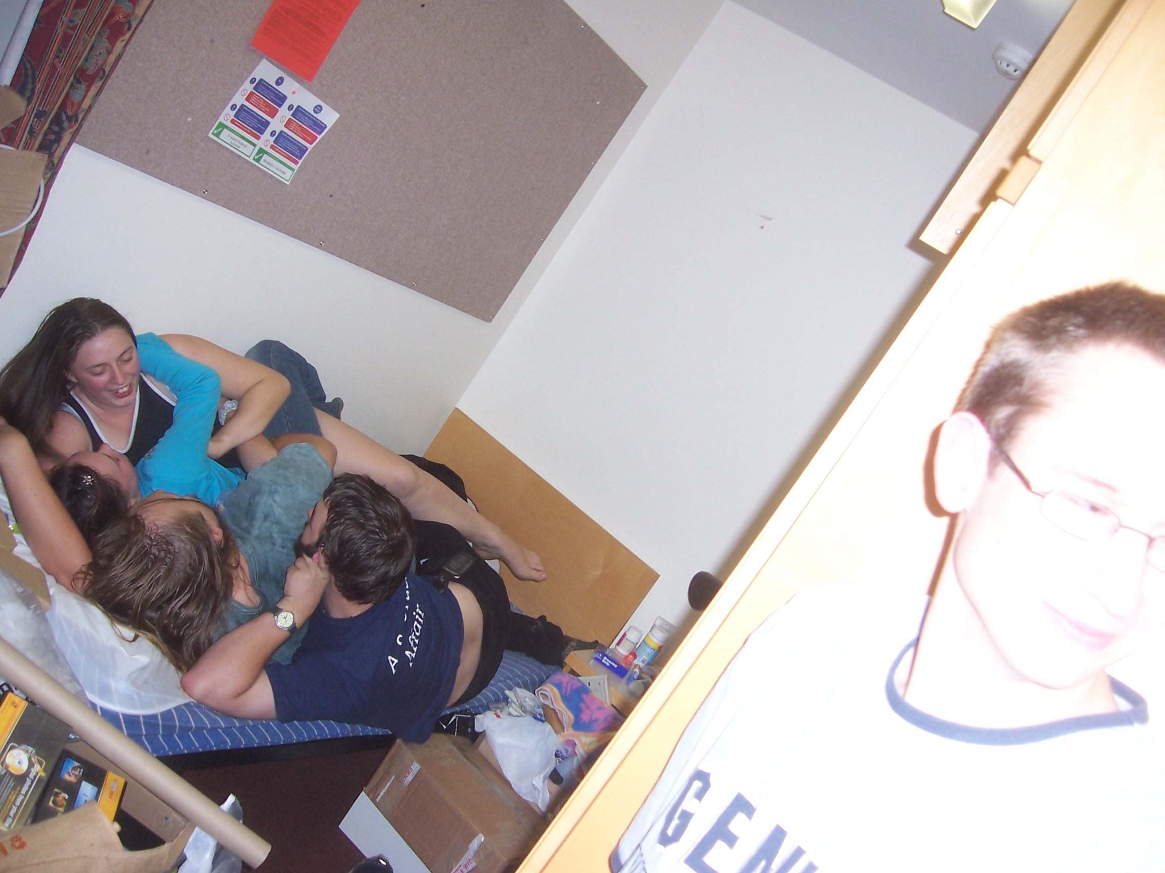 Ruth, Claire, Dan and JTA share a bed at a housewarming party in PJM