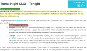 An insertion and a deletion on a 2007 blog post announcing Troma Night plans.