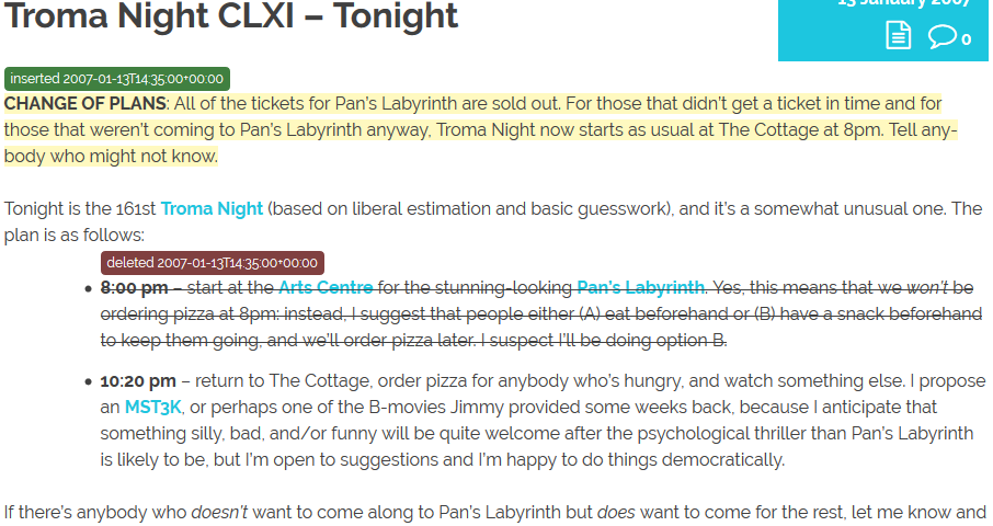 An insertion and a deletion on a 2007 blog post announcing Troma Night plans.