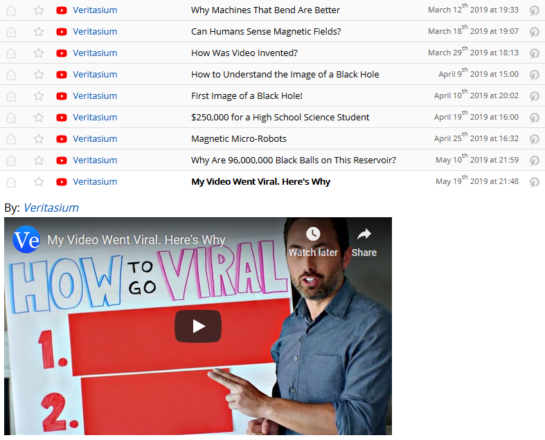 Veritasium videos in my RSS reader