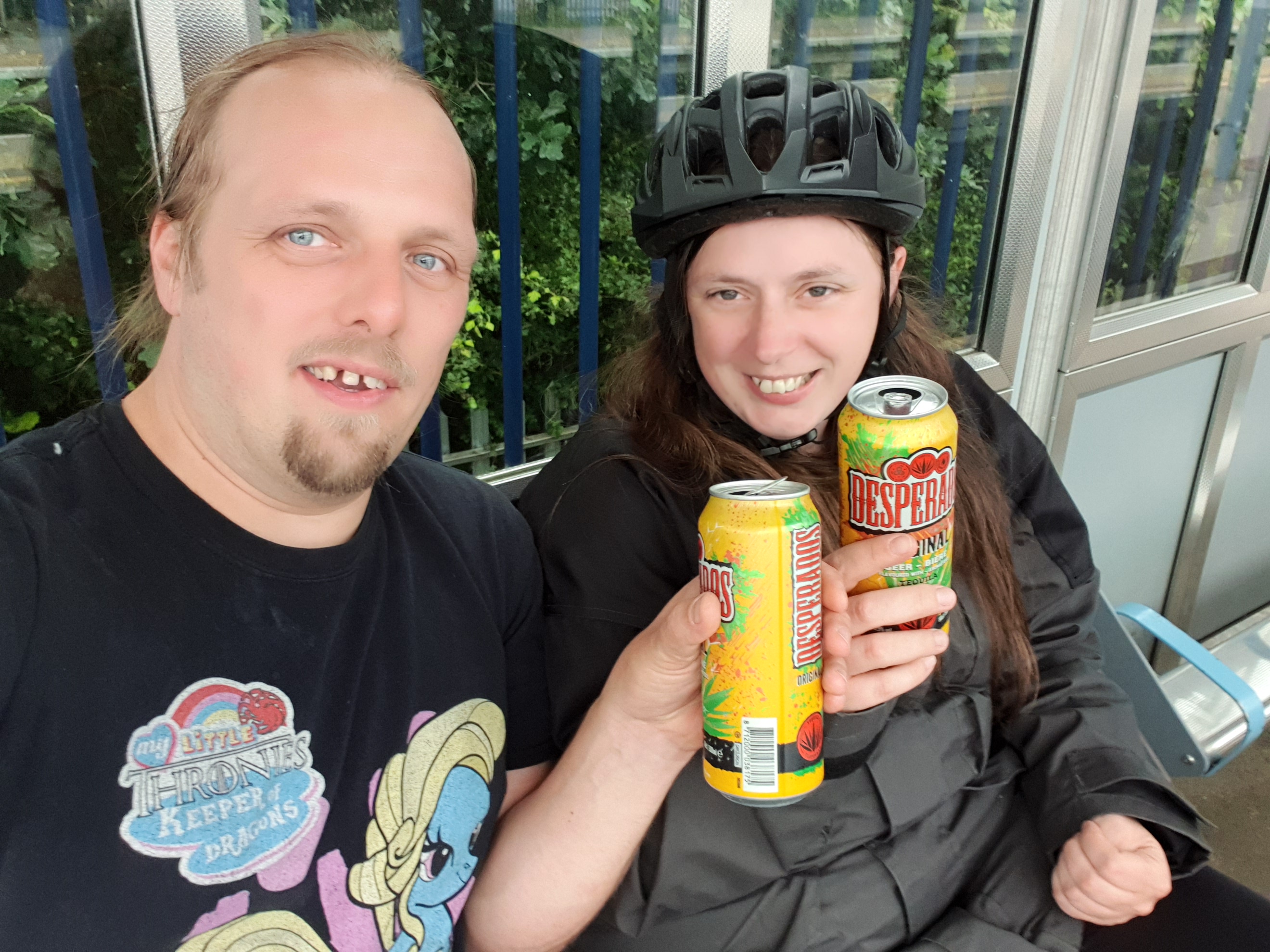 Full image of Dan and Ruth drink Desperados on Oxford Parkway Railway Station.
