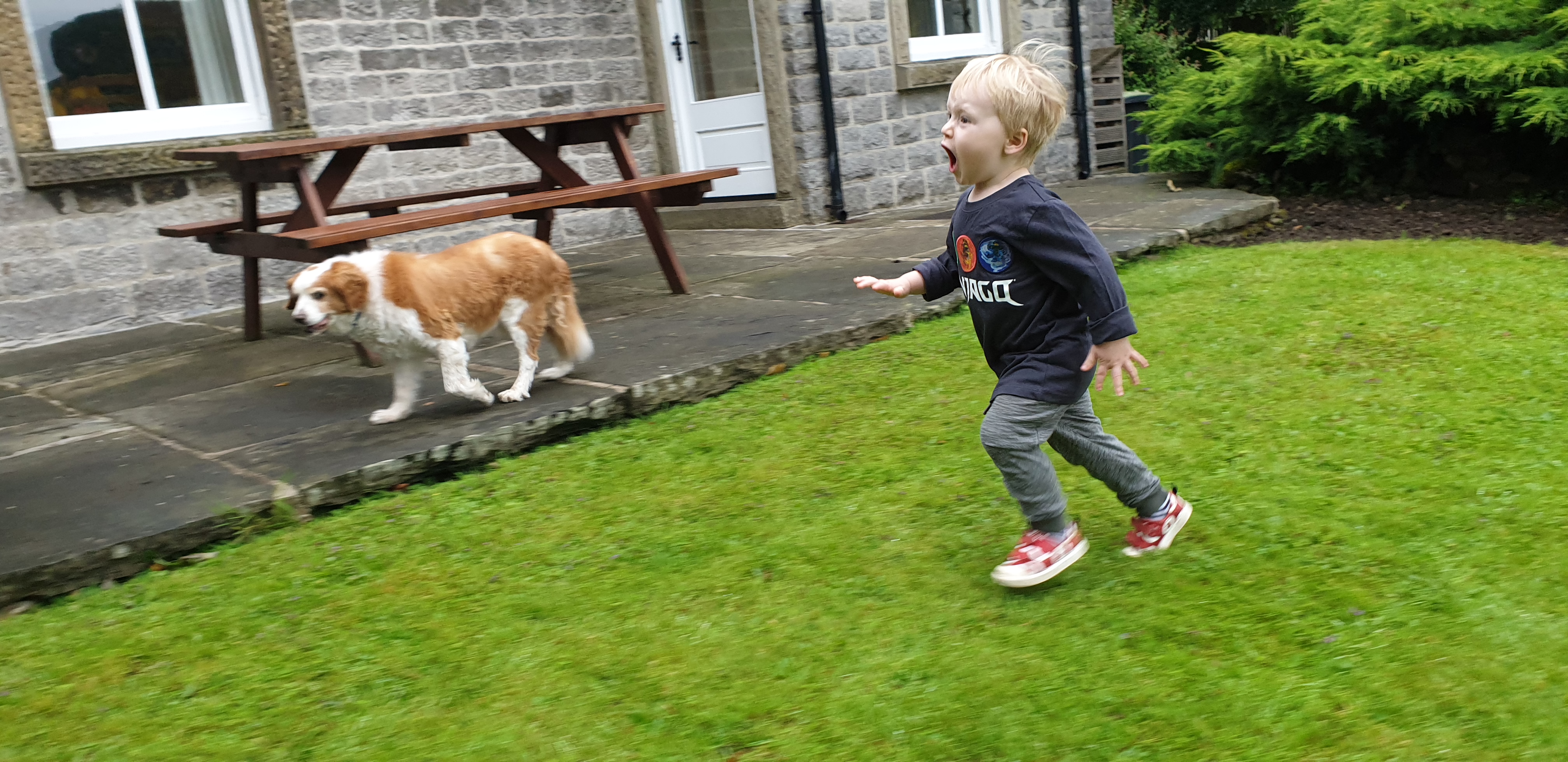 Full image of John runs through the garden.