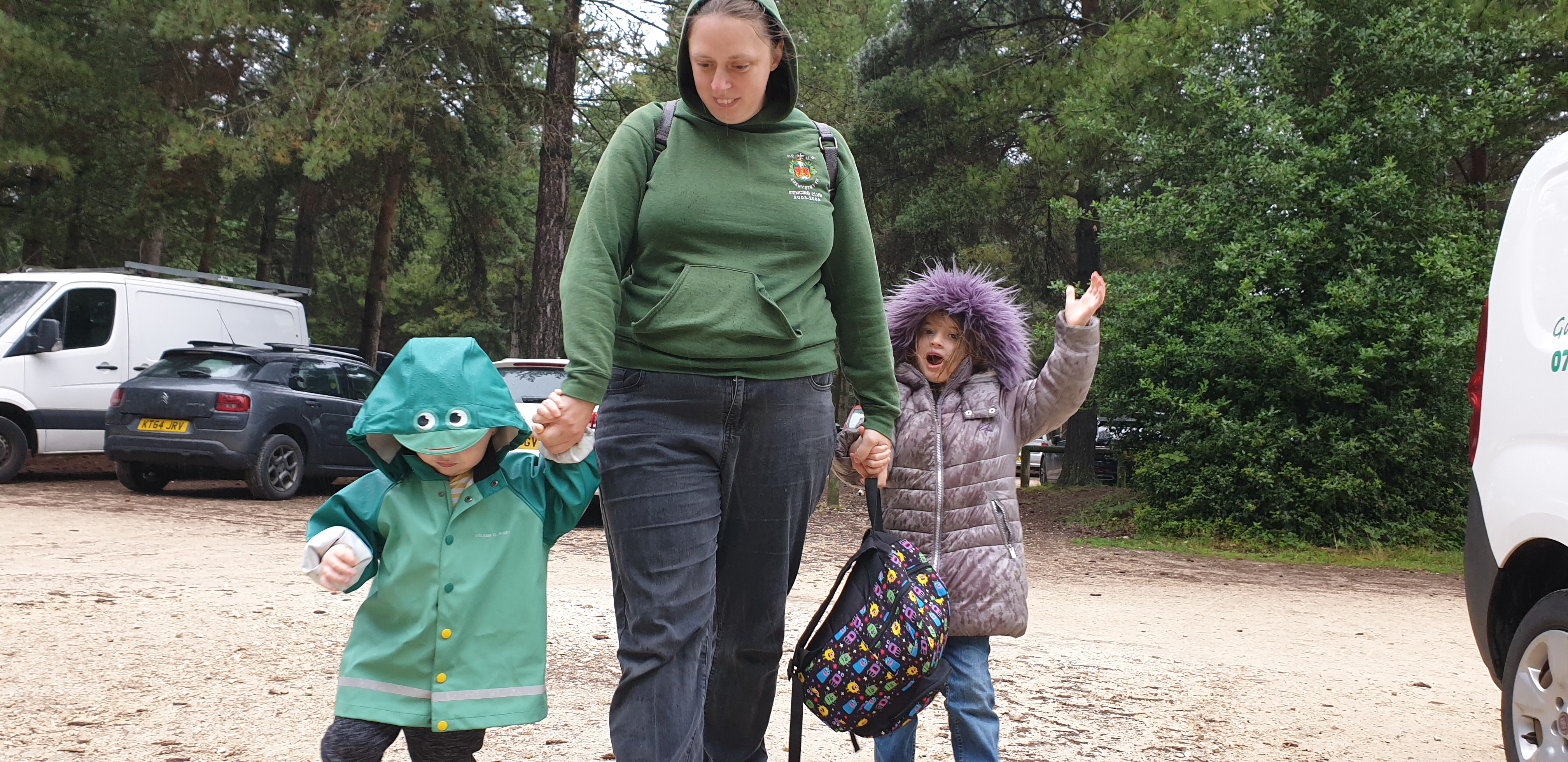 Full image of Ruth, John and Annabel in the forest.