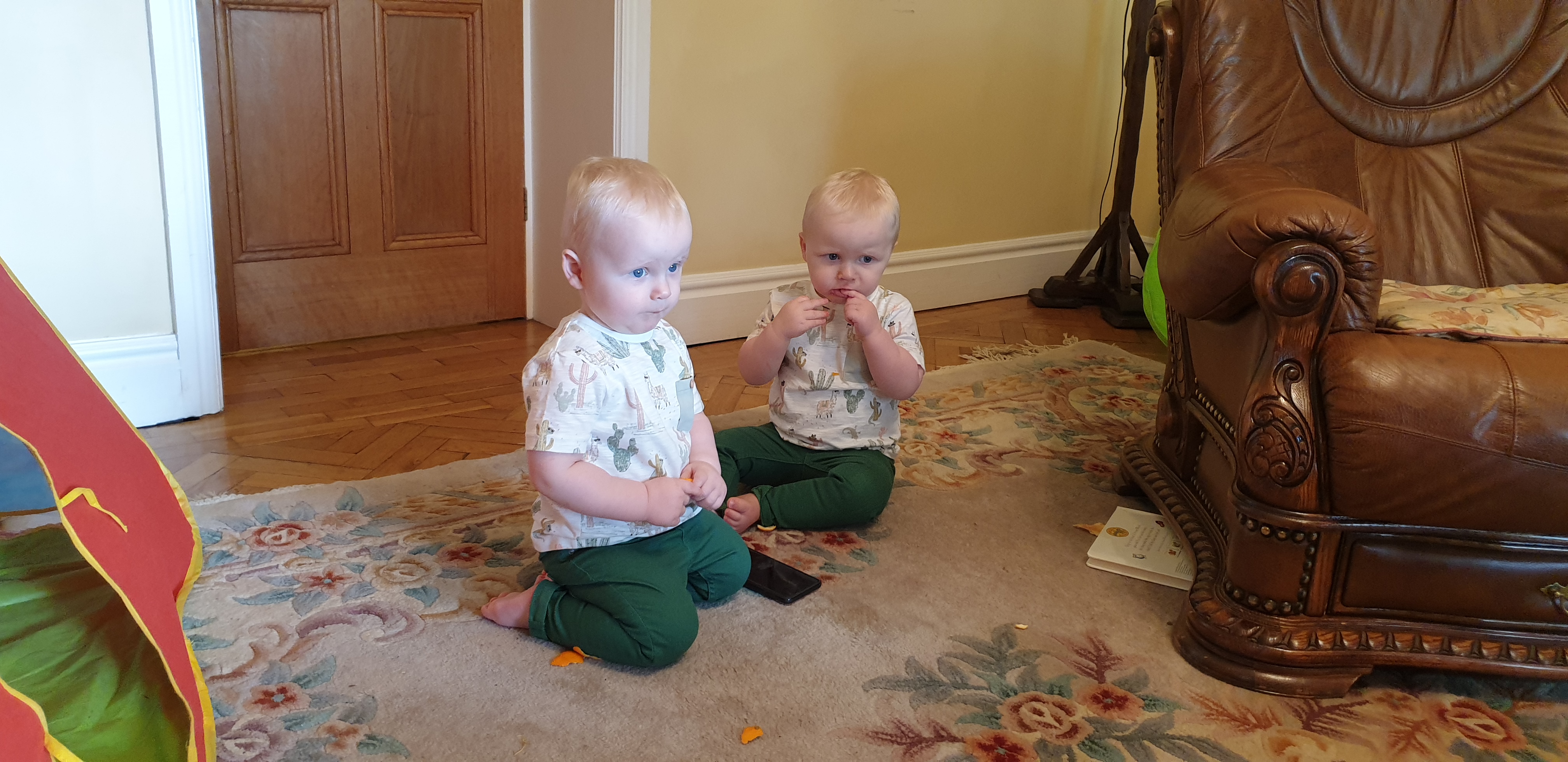 Full image of The twins on the living room floor.