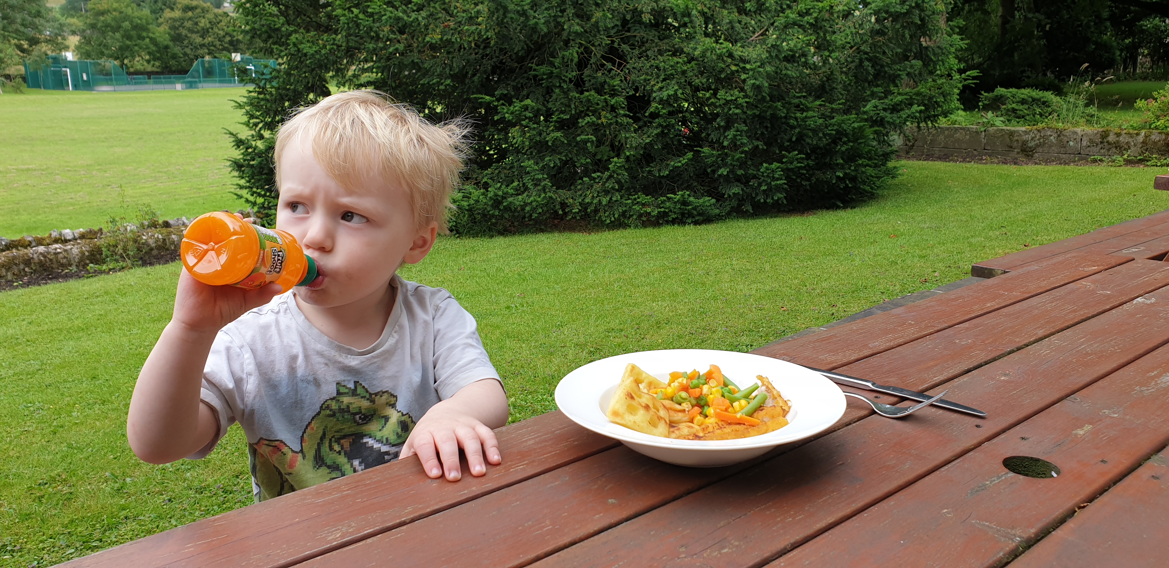 Full image of John eats fish fingers outdoors #2.
