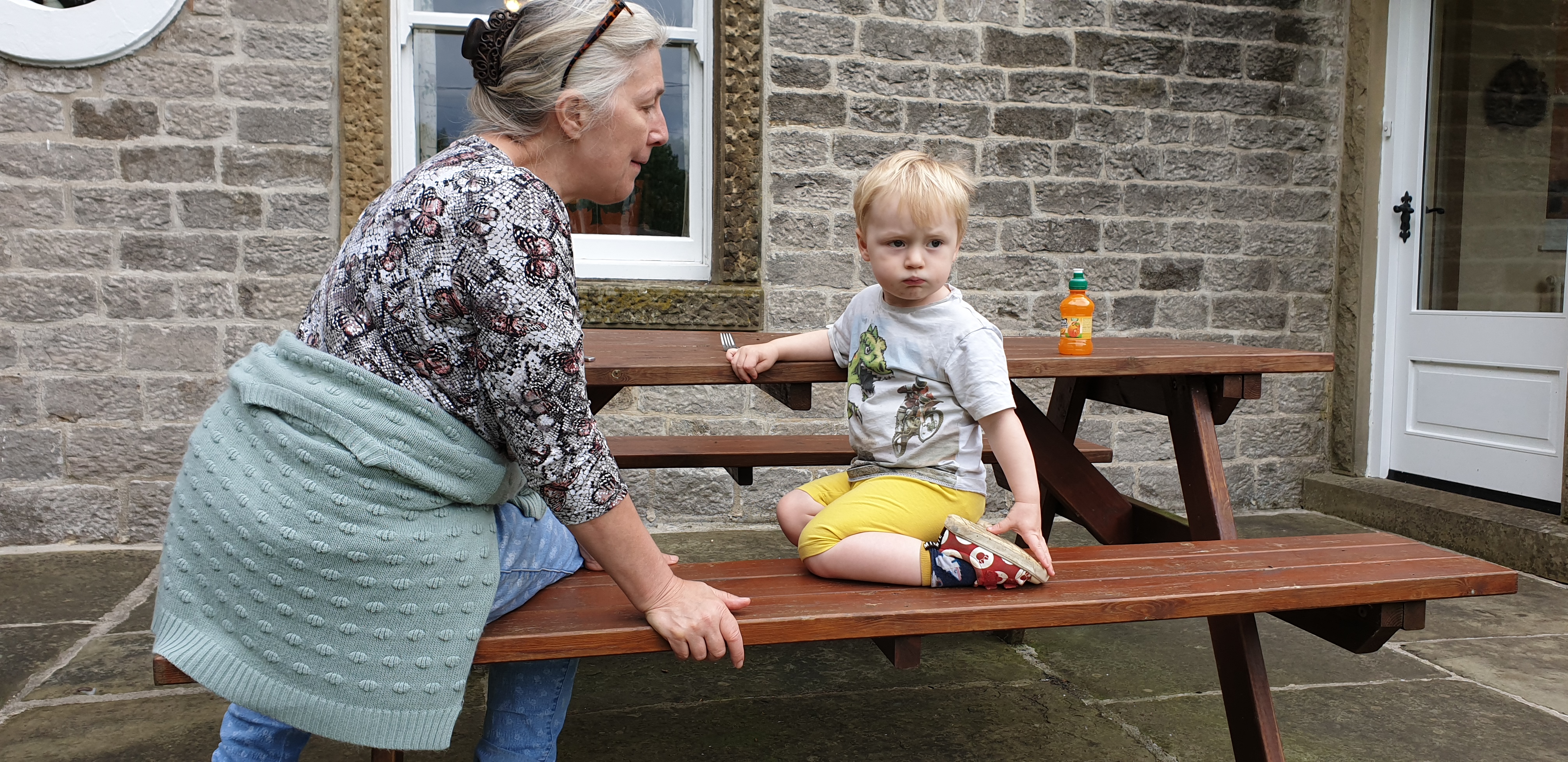 Full image of Nanna Doreen talks to John on the benches #1.