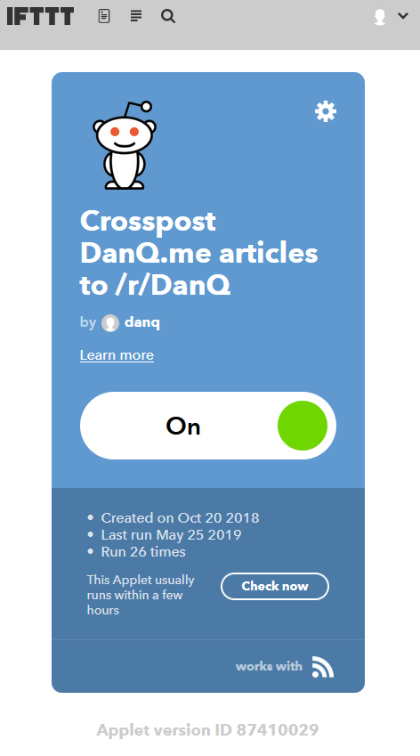 Full image of IFTTT recipe pushing articles to Reddit