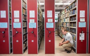 Dan looks at a low shelf.