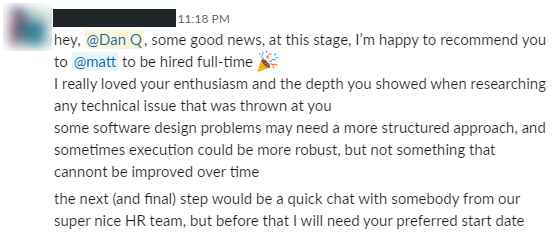 Slack message recommending me for hire.