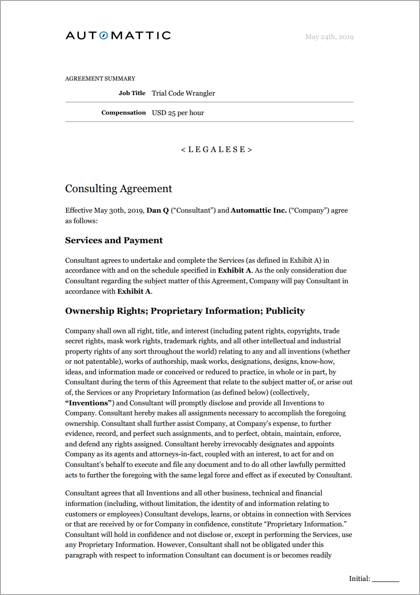 Full image of Automattic "Trial Code Wrangler" Contract