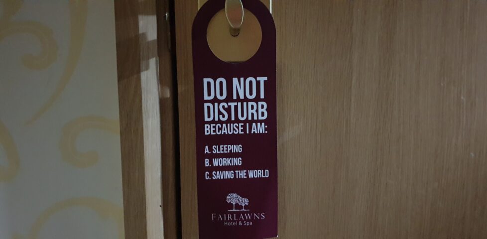 Do Not Disturb sign with reasons: Sleeping, Working, Saving the World.