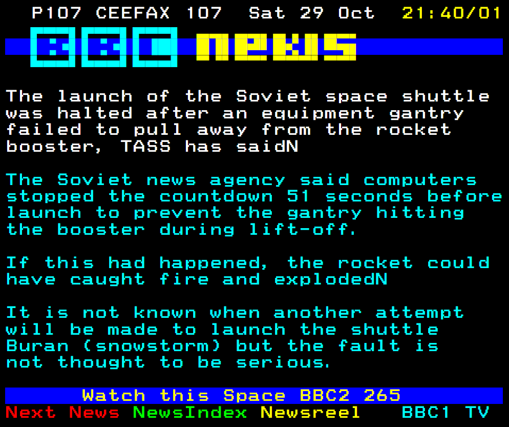 Full image of Ceefax news article from 29 October 1988, about a cancelled Soviet shuttle launch.