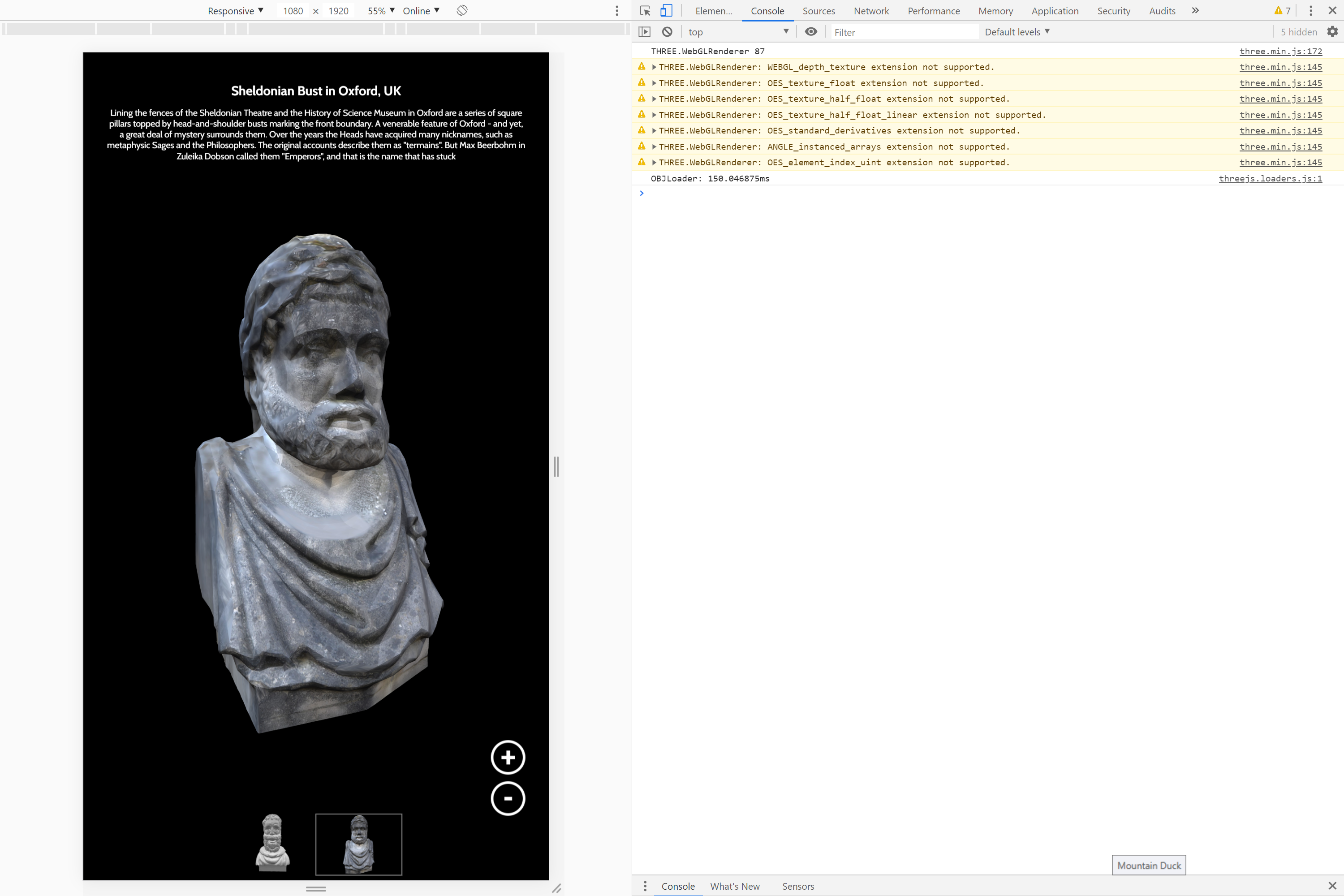 Full image of Chrome Dev Tools showing the Sheldonian Bust "Thinking 3D" exhibit