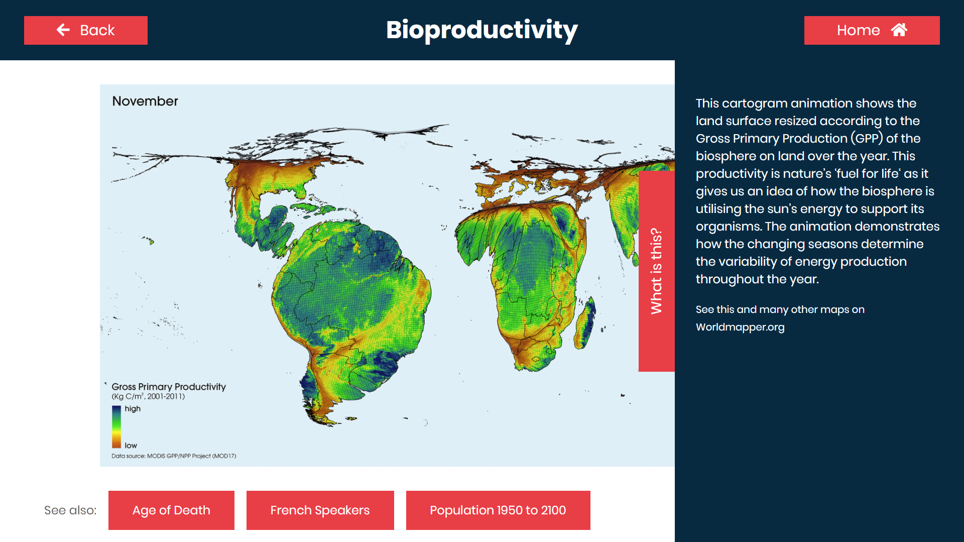 Full image of "Talking Maps" exhibition panel showing bioproductivity map.