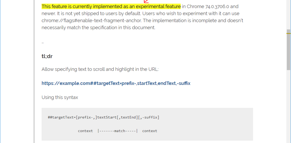 Chrome's experimental fragment text link targetting