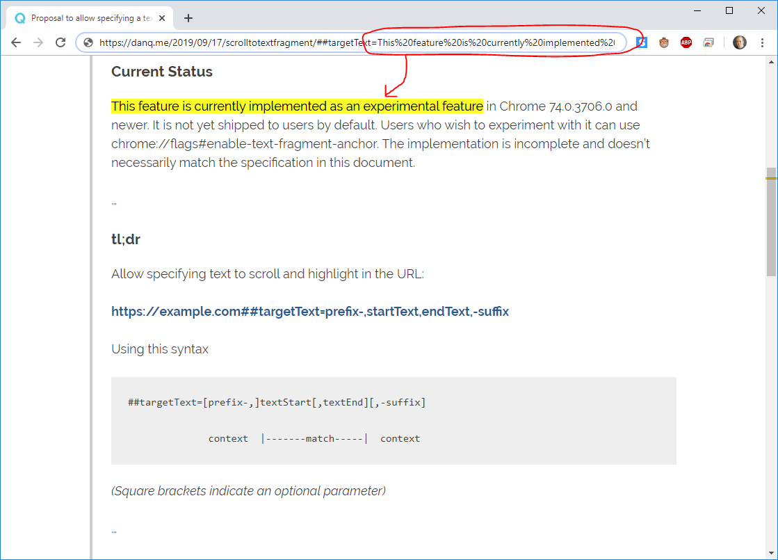 Full image of Chrome's experimental fragment text link targetting