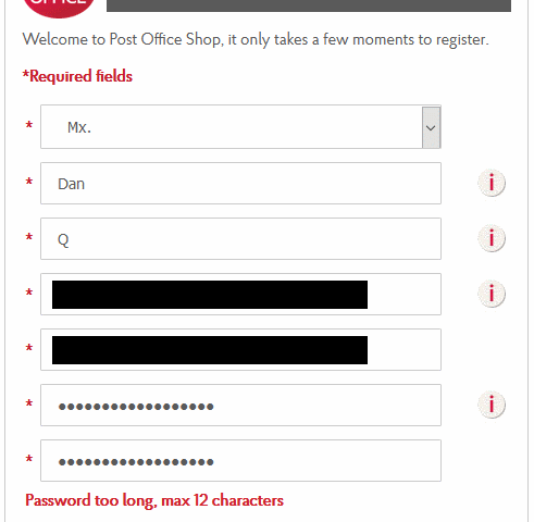 Post Office account signup form showing error message: "Password too long, max 12 characters"