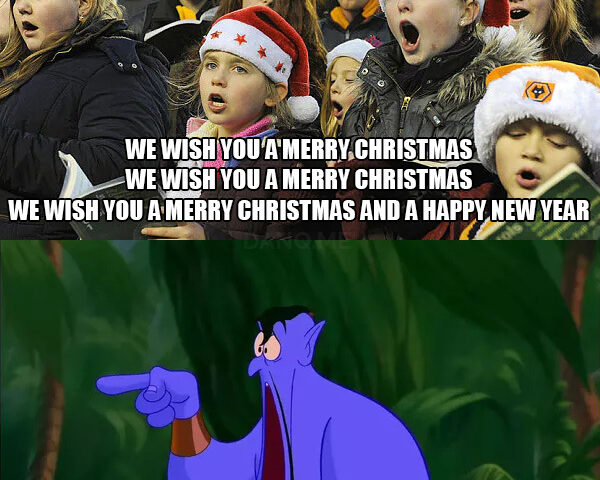 Comic: carollers sing "We wish you a Merry Christmas" three times, the genie from Disney's Aladdin looks on in shock.