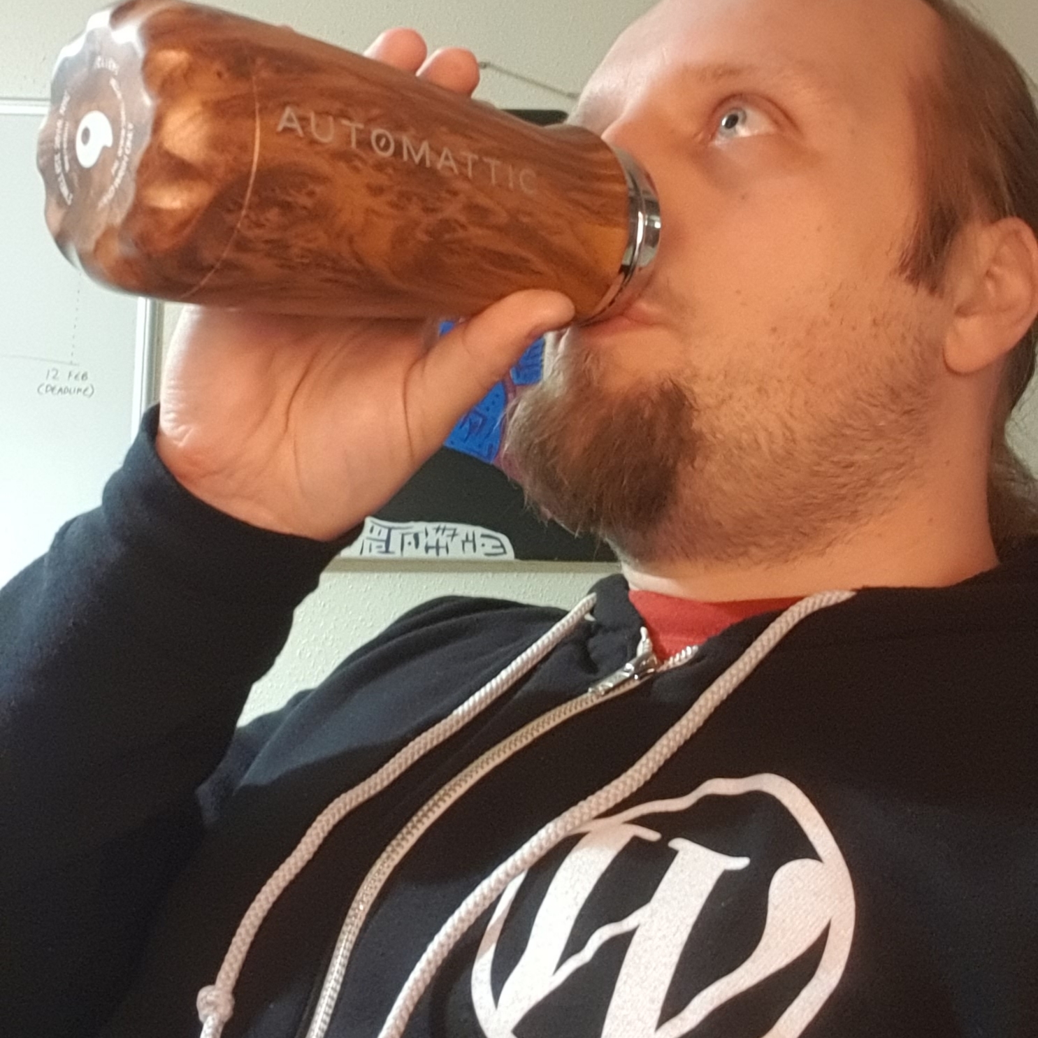 Full image of Dan wearing a WordPress hoodie and drinking from an Automattic bottle.