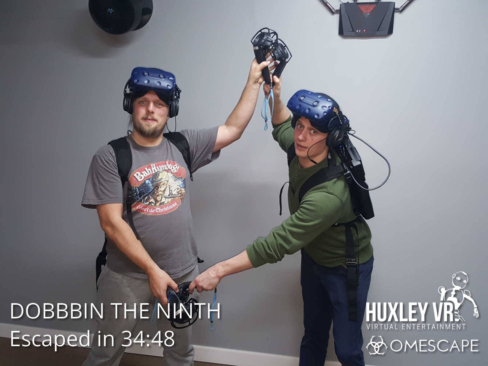 Full image of Dan and Robin concluding a VR Escape Room.