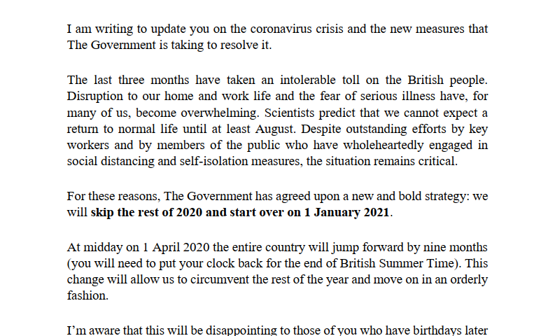 (Fake) letter from Boris Johnson stating that the government's new policy is just to write-off 2020 and carry on from 2021, after the coronavirus crisis has passed.