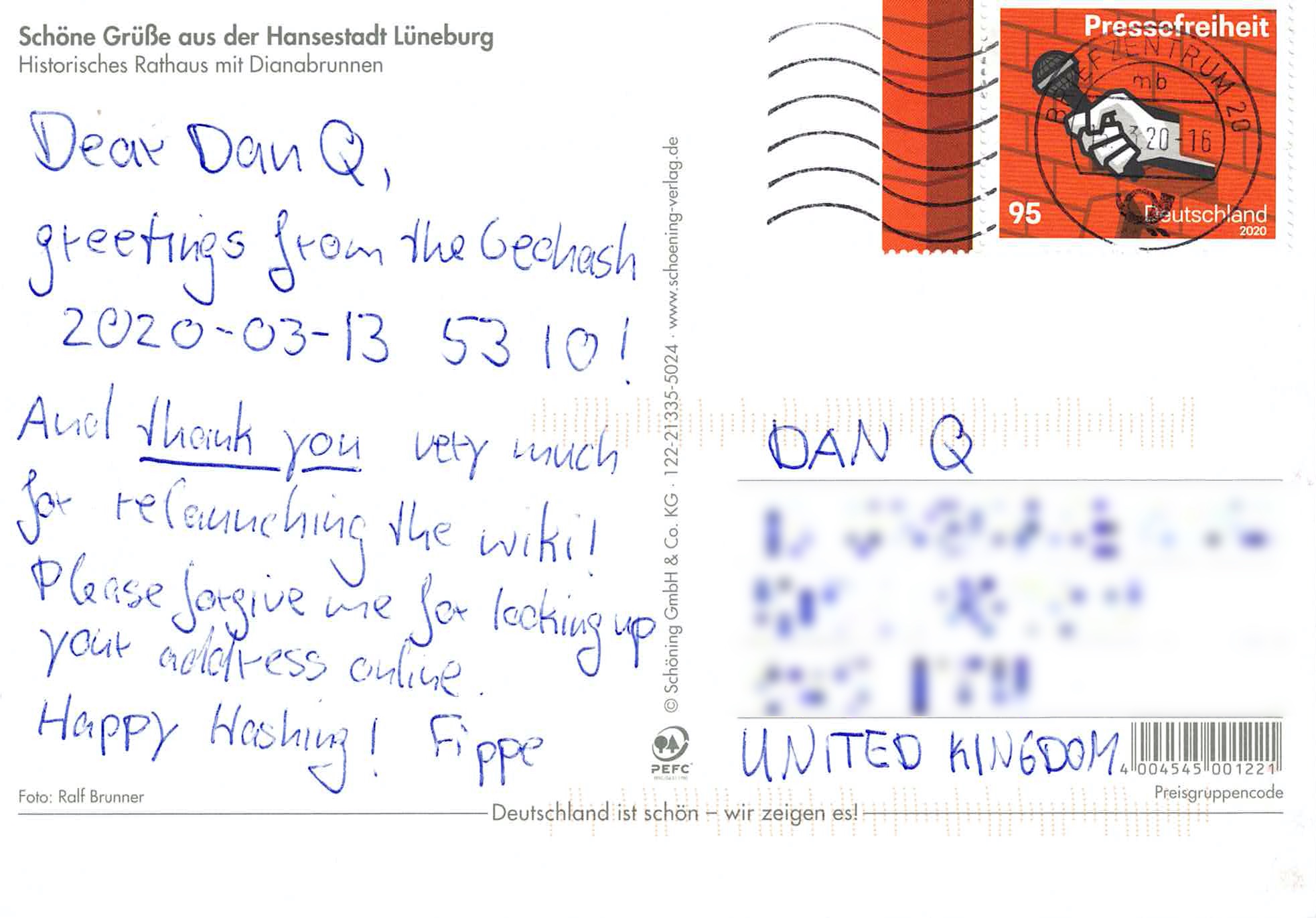 Full image of Postcard: Dear Dan Q, greetings from the Geohash 2020-03-13 53 10! And thank you very much for relaunching the wiki! Please forgive me for looking up your address online. Happy Hashing! Fippe