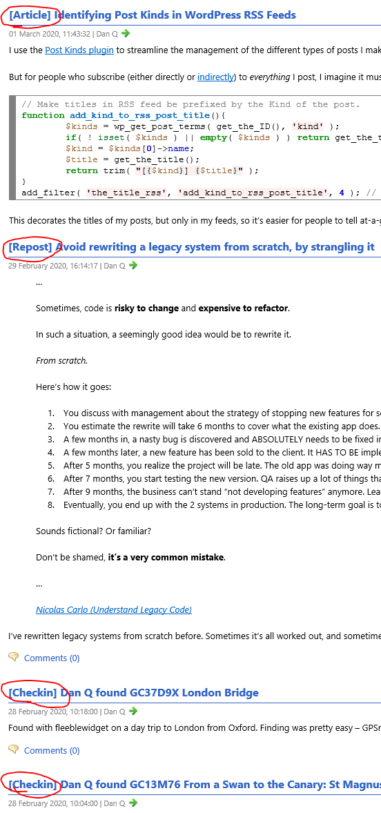 Full image of Rendered RSS feed showing Post Kinds prefixes
