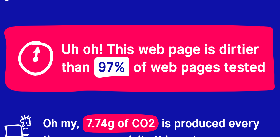 globalclimatestrike.net/action: "Uh oh! This web page is dirtier than 97% of web pages tested. Oh my, 7.74g of CO2 is produced every time someone visits this web page."