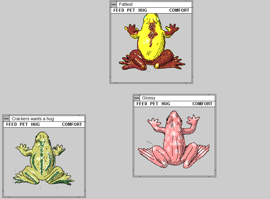 Three virtual frogs. One needs a hug.