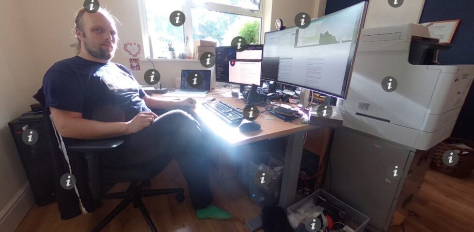 Dan in his home office (links to an interactive 360° panoramic photo with info points).