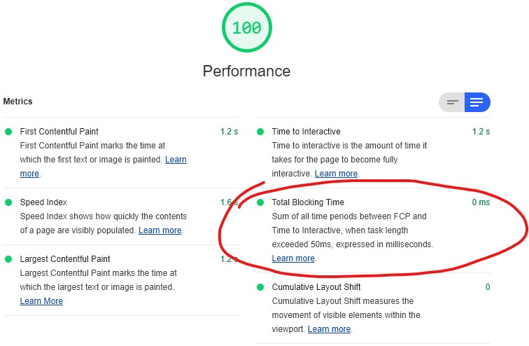 This website's Lighthouse score showing a Total Blocking Time of 0ms.