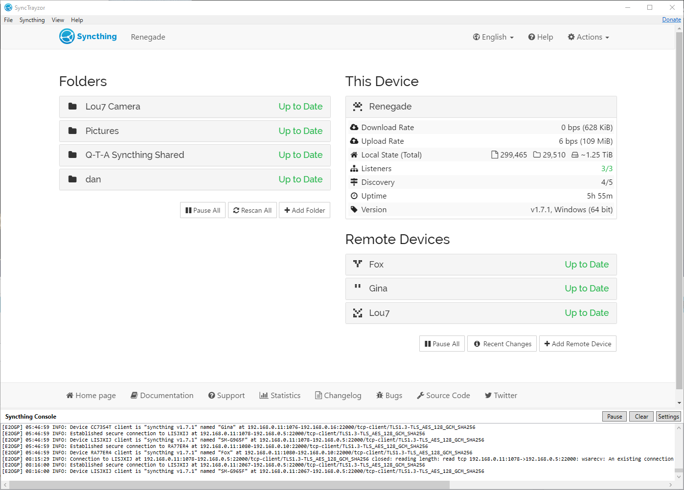 Full image of Syncthing interface via Synctrayzor on Windows, showing Dan's syncs.