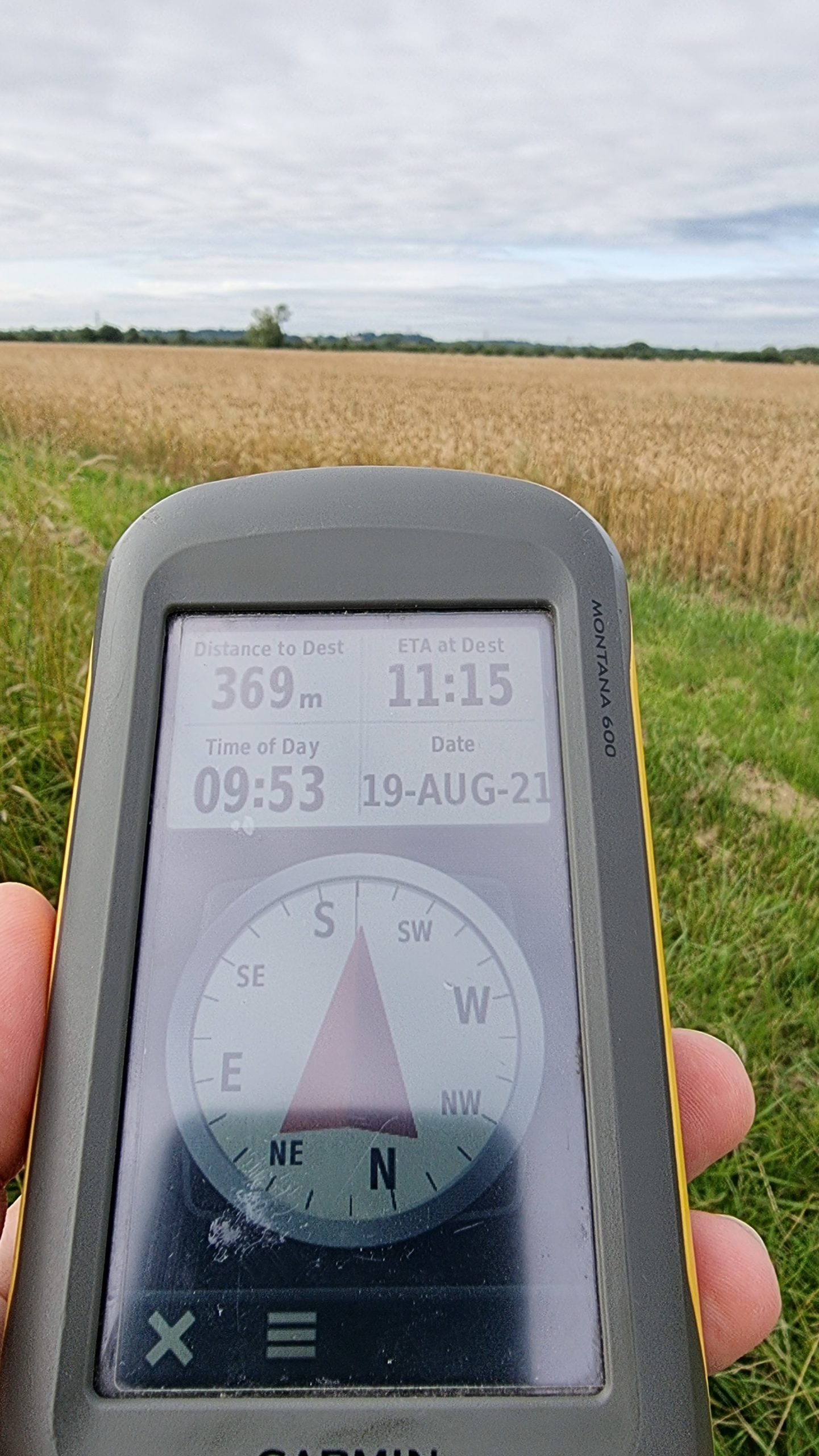 Full image of GPSr showing that the destination is 369 metres into a field of corn.