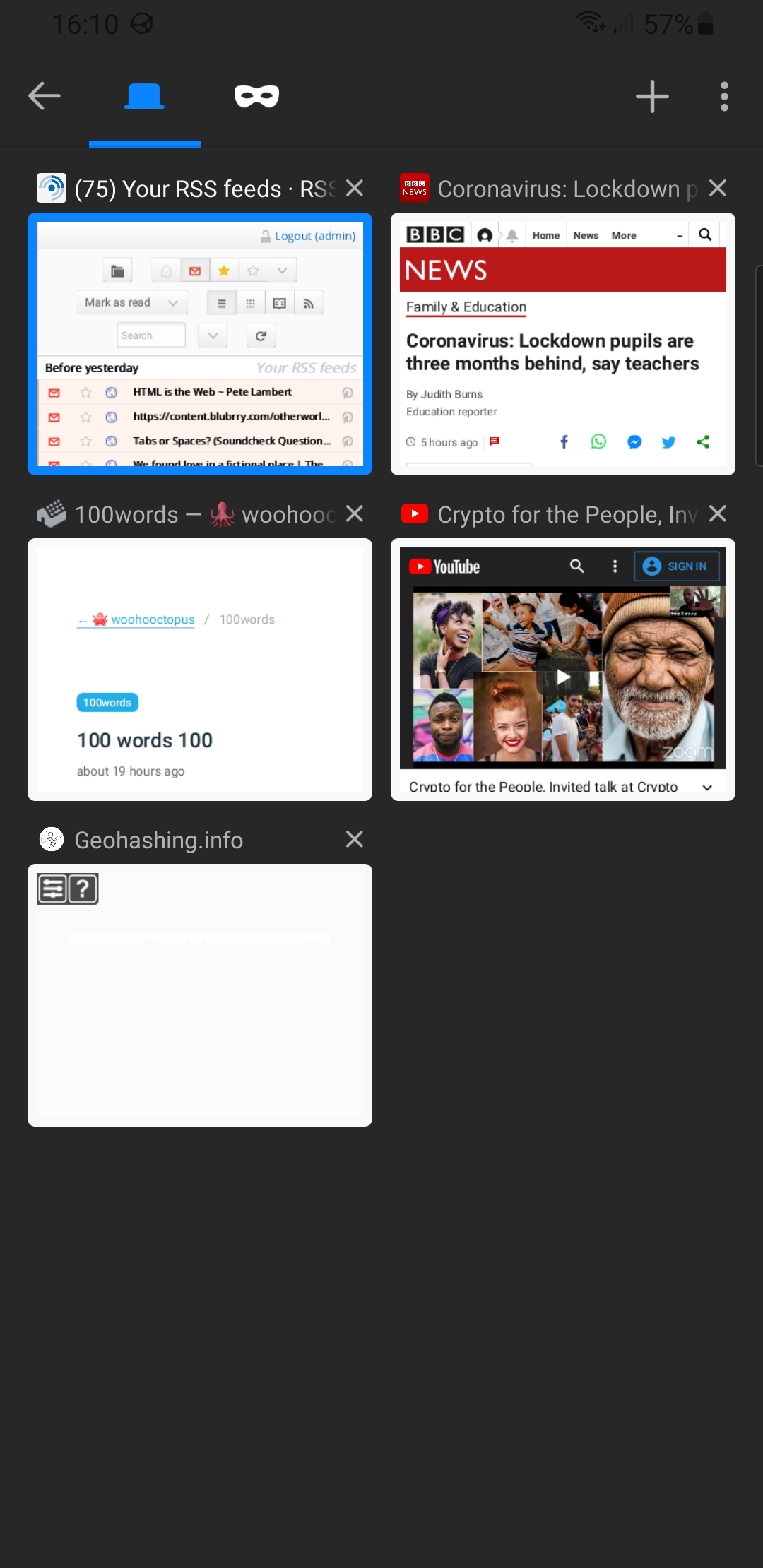 Full image of Fennec F-Droid (showing Firefox for Android's old interface) has the "add tab" button right at the top, on the toolbar. It also uses a "tiled" layout for the tabs with the oldest first, rather than a list view with the oldest last.
