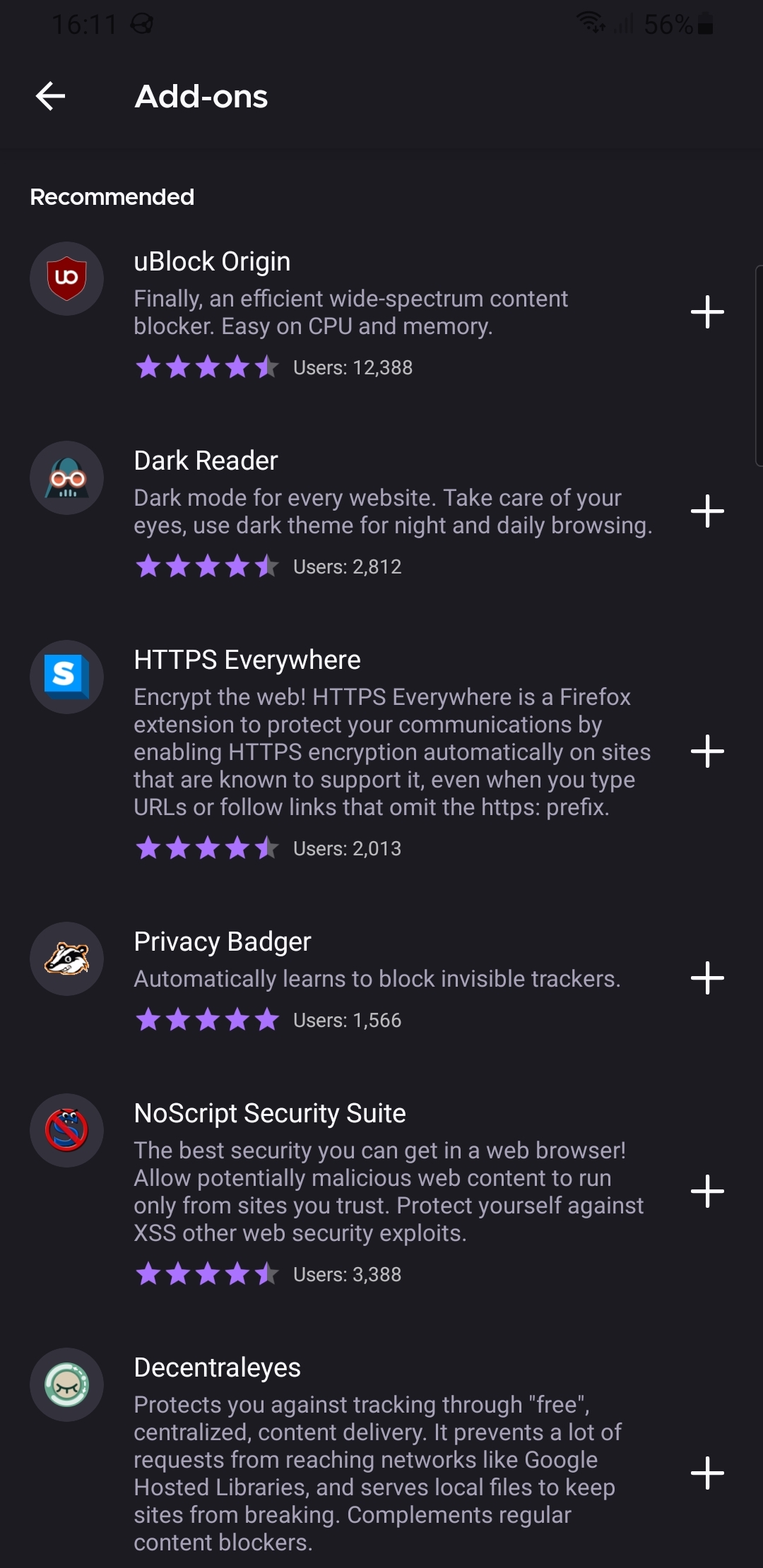 Full image of Firefox Daylight's recommended add-ons list