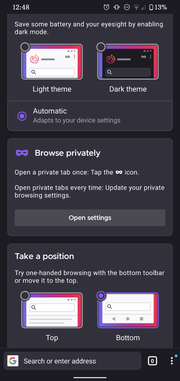 Full image of Start page shown after first upgrading to Firefox Daylight including options for URL bar location.
