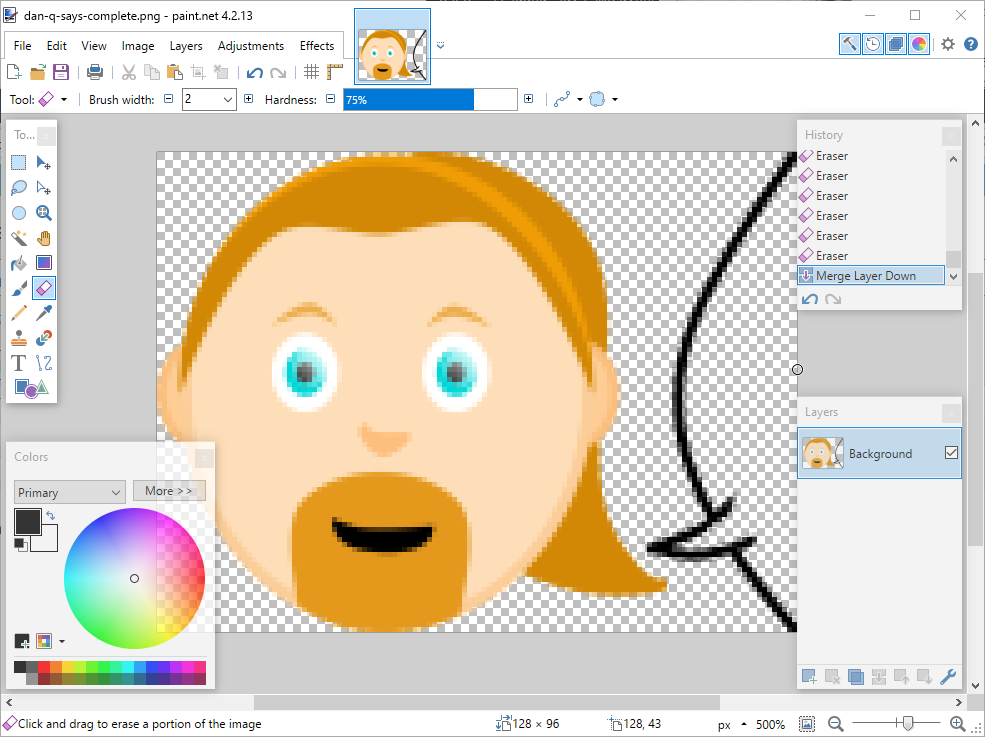 Cartoon Dan's head with a speech bubble sticking out in Paint.net
