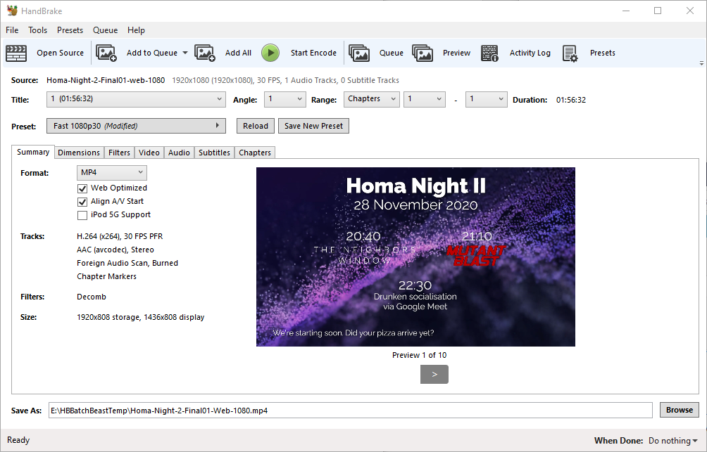 Handbrake preparing to transcode Premiere's output.